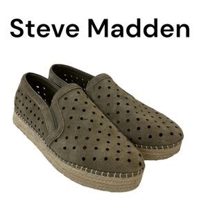 Steve Madden Widmer olive green leather suede perforated platform espadrilles 7B